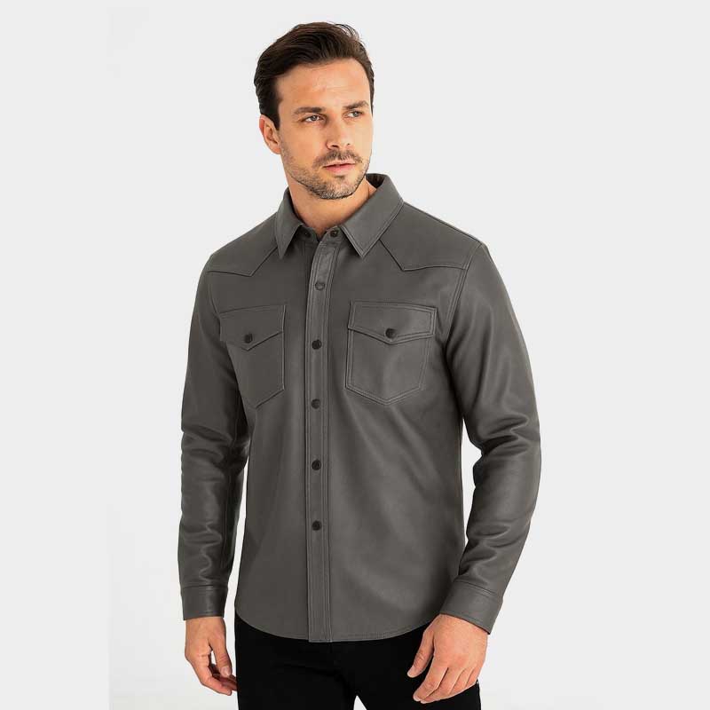 Mens Gray Sheep Leather Western Shirt Long Sleeve Front View