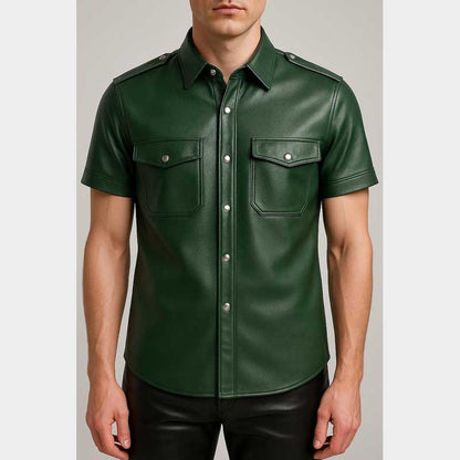Mens Green Sheep Leather Shirt with Military Epaulets Front View