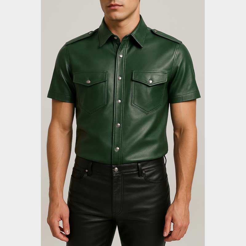 Handmade Green Leather Shirt Featuring Structured Epaulets for Men