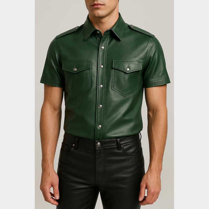 Handmade Green Leather Shirt Featuring Structured Epaulets for Men