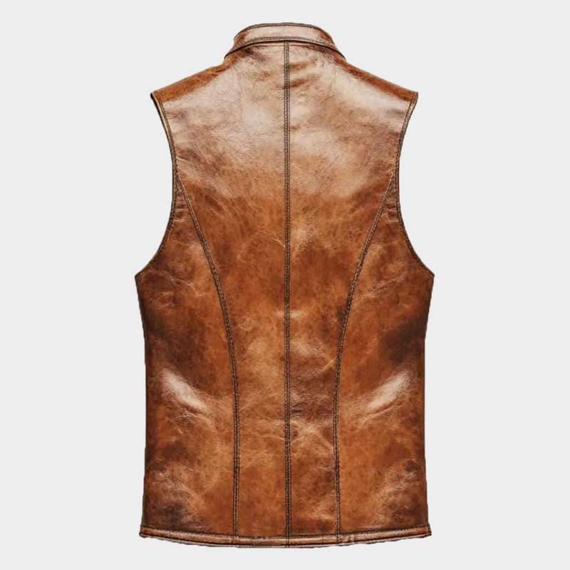 Mens Leather Vintage Vest Western Cowboy Waistcoat back panel featuring distressed leather finish
