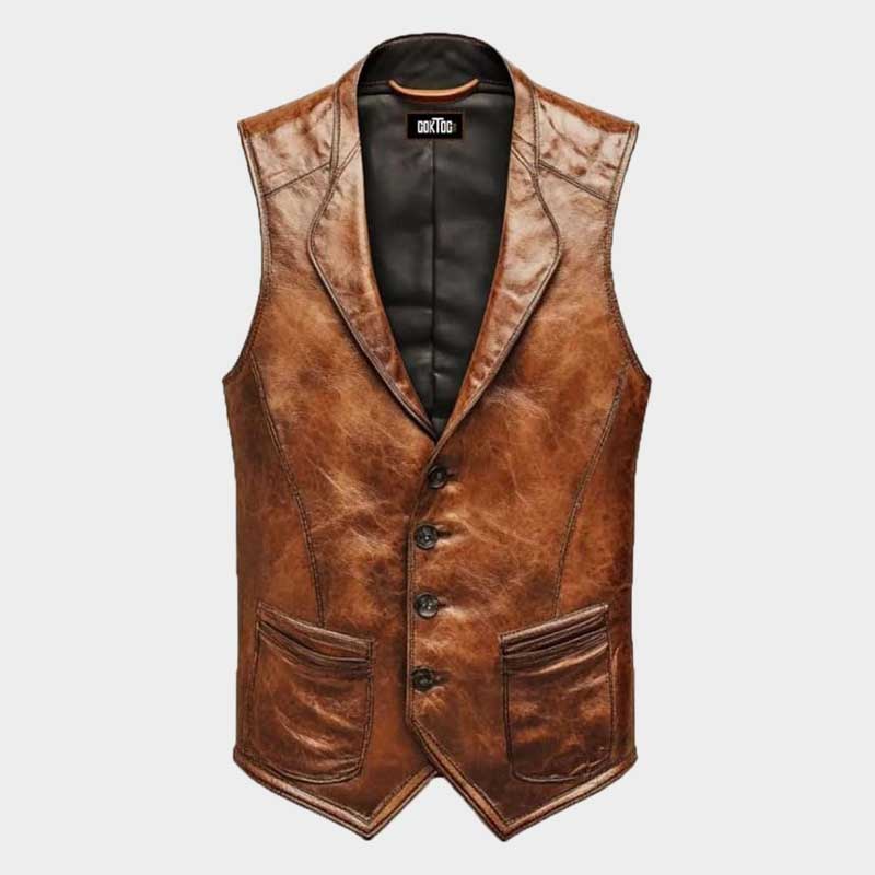 Mens Leather Vintage Vest Western Cowboy Waistcoat front view showing button closure and lapel collar