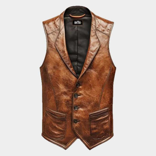 Mens Leather Vintage Vest Western Cowboy Waistcoat front view showing button closure and lapel collar