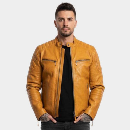 Mens Mustard Yellow Quilted Biker Leather Jacket