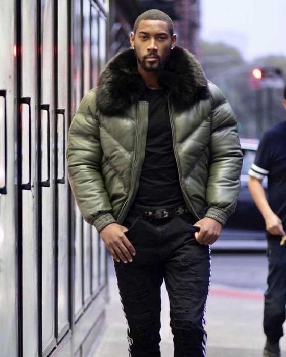 Men's olive green leather V-bomber jacket front view