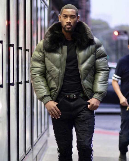 Men's olive green leather V-bomber jacket front view
