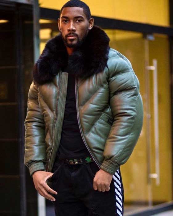 Olive green lambskin bomber jacket with black fox collar