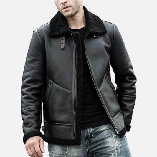 Men’s Shearling Leather Coat with Faux Collar Winter Warm Jacket