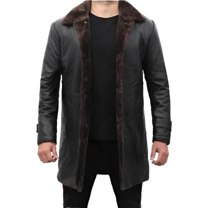 Men’s Black Shearling-Lined Leather Trench Coat