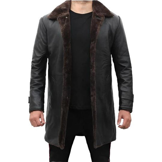 Men’s Black Shearling-Lined Leather Trench Coat