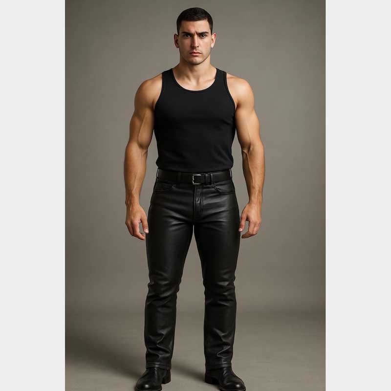 Mens Slim Fit Sheep Leather Pants Handmade Biker Streetwear Front View