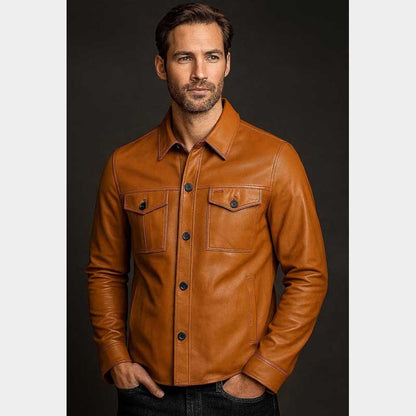 Mens Tan Sheep Leather Shirt Jacket Western Style Front View