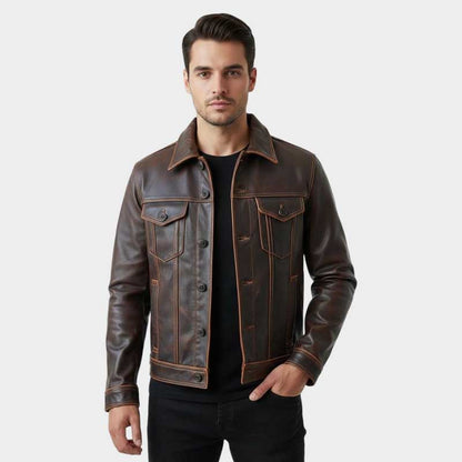 Mens Vintage Patina Leather Trucker Jacket with Contrast Stitching