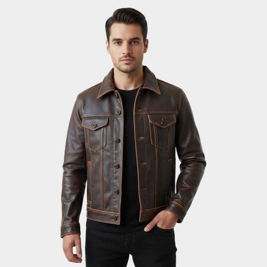 Mens Vintage Patina Leather Trucker Jacket with Contrast Stitching