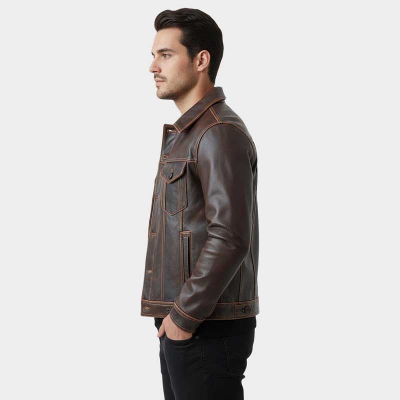 Mens Vintage Patina Leather Trucker Jacket with Contrast Stitching