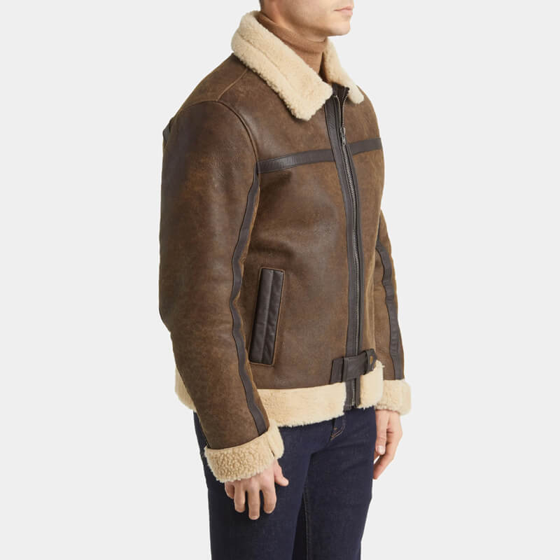 brown leather coat with shearling detailing