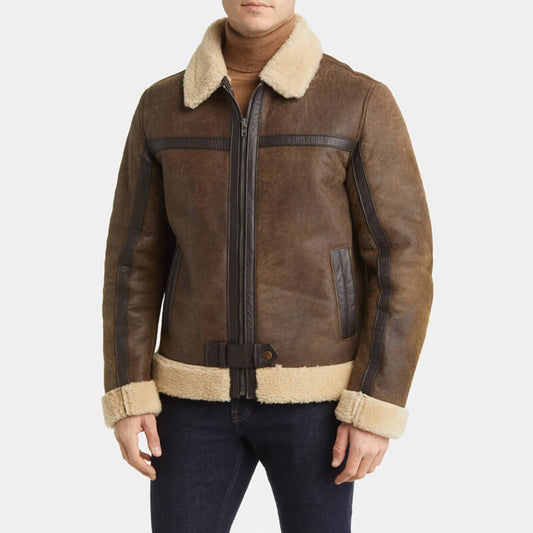 Men's Wax Brown Sheepskin Leather Jacket with Shearling Trim