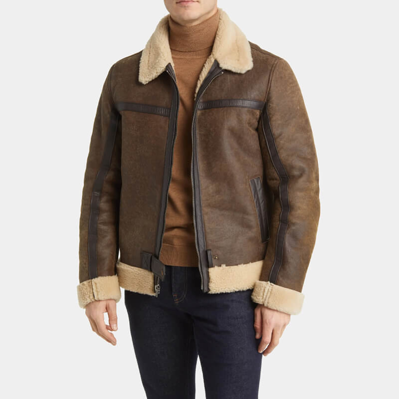 Men's leather jacket with shearling trim