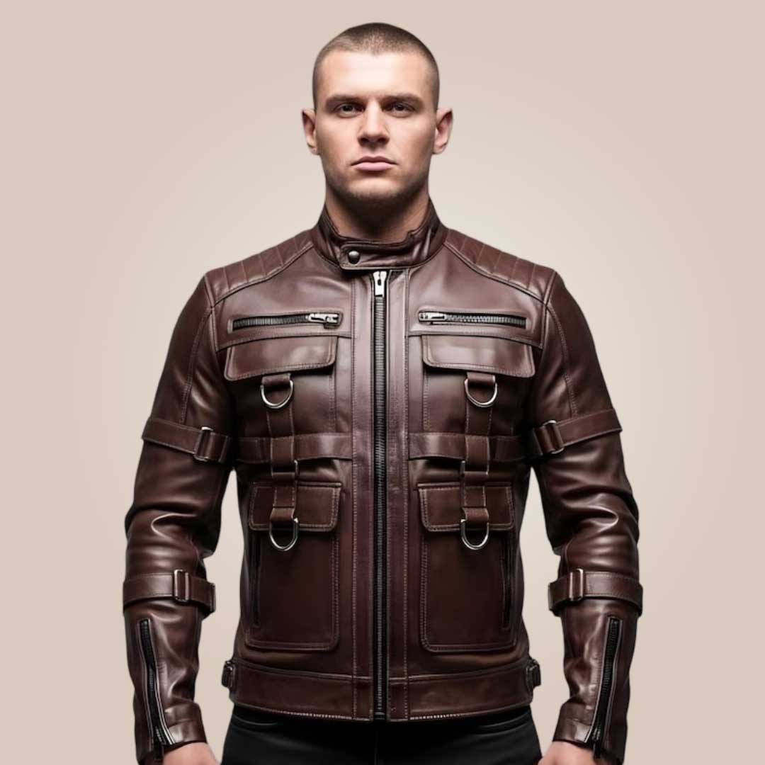 Men’s brown cowhide leather tactical biker jacket front view