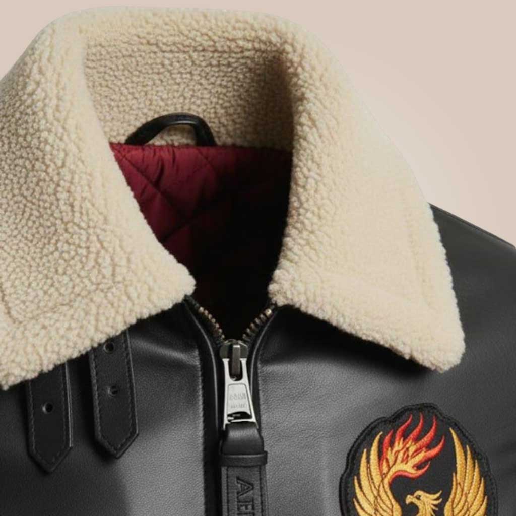 Men’s leather A2 flight jacket close-up