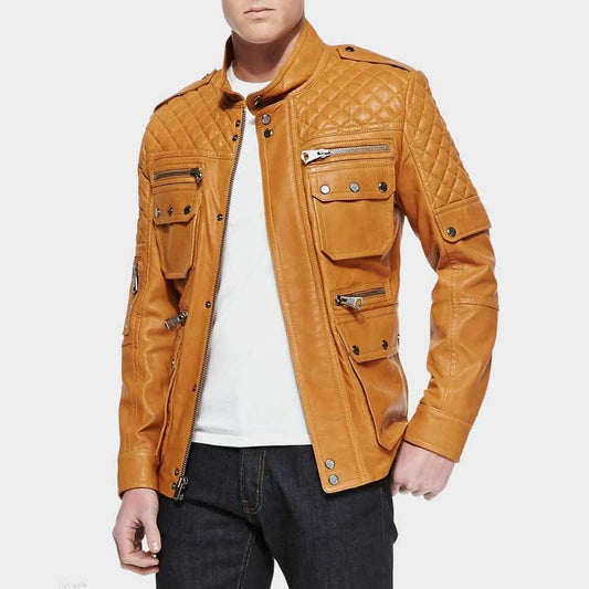 Men tan brown leather quilted biker moto jacket front view with studded pockets