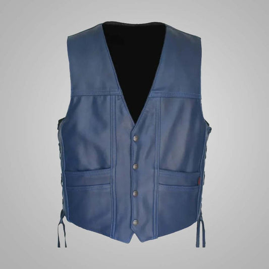 Men’s Navy Blue Leather Vest – V-Neck Classic Cut by Shearling Leather Jackets