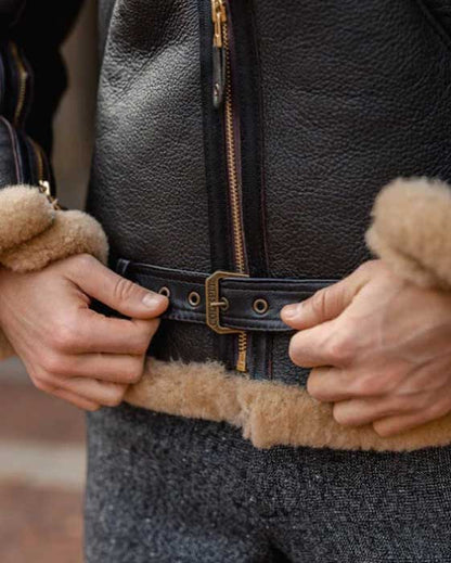 Black aviator leather jacket with oversized faux fur collar