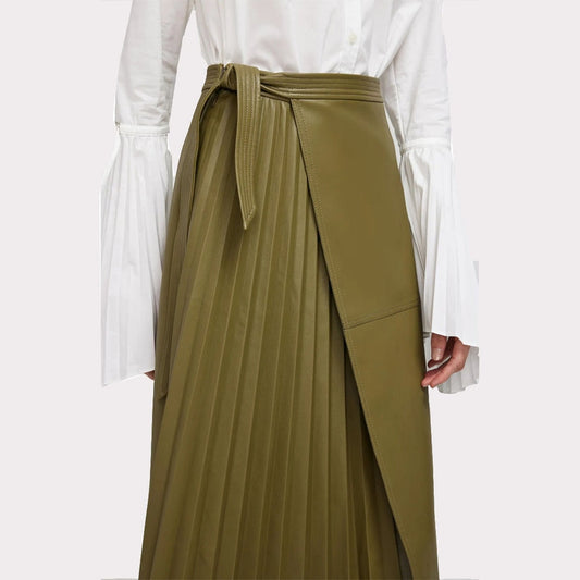 Women’s Olive Green Leather Midi Skirt – Wrap Style & Chic Edge