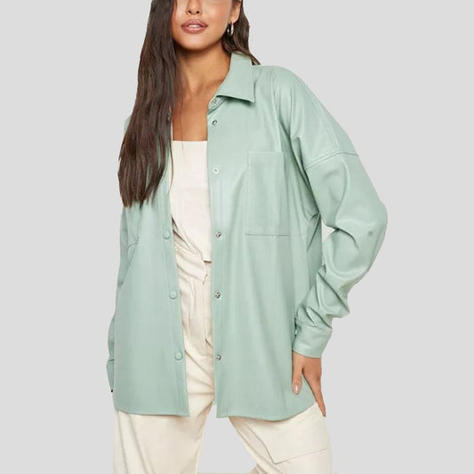 Women’s Pastel Green Oversized Leather Shirt – Soft & Stylish
