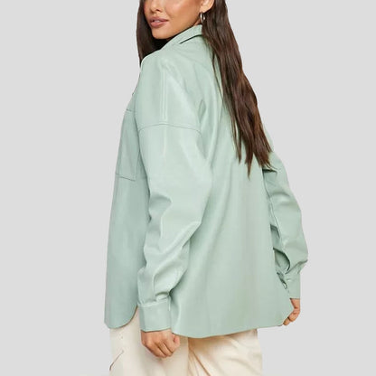 Women’s Pastel Green Oversized Leather Shirt – Soft & Stylish