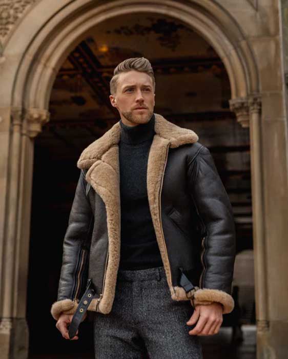 Men's black aviator fur sheepskin leather jacket