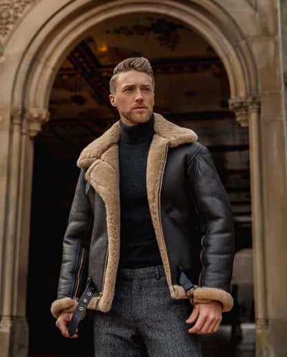 Men's black aviator fur sheepskin leather jacket