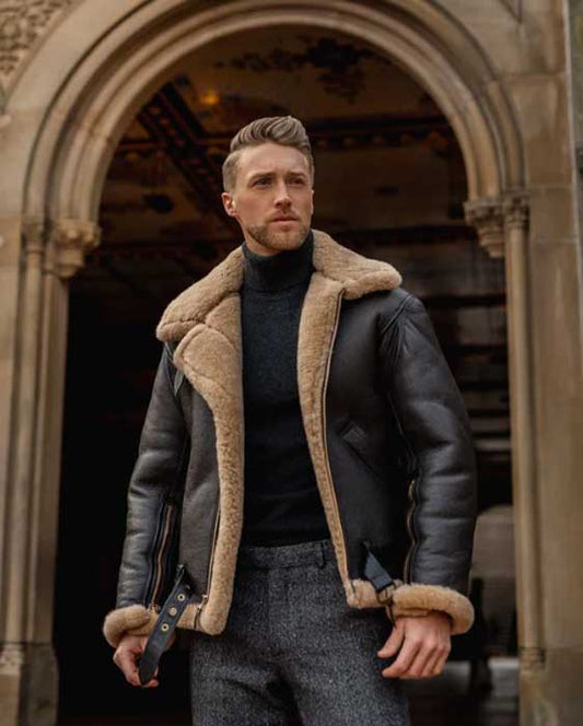 Men's black aviator fur sheepskin leather jacket