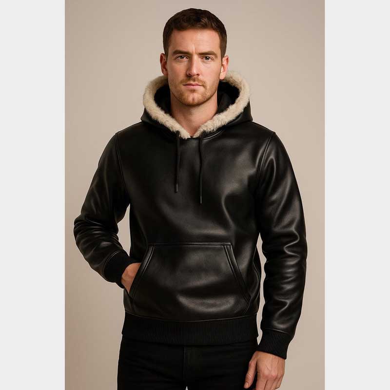 Premium Black Leather Pullover Hoodie Featuring Soft Insulated Lining
