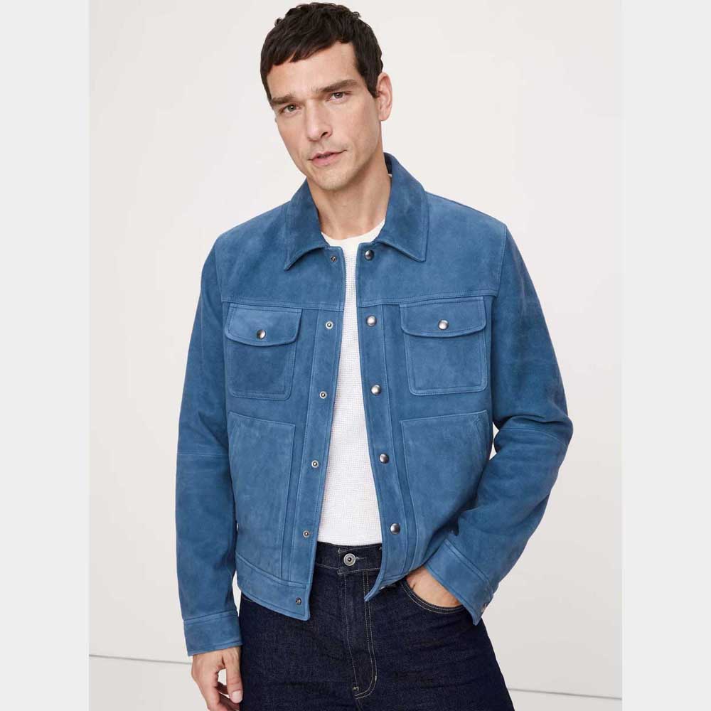 Premium Mens Blue Suede Leather Trucker Jacket