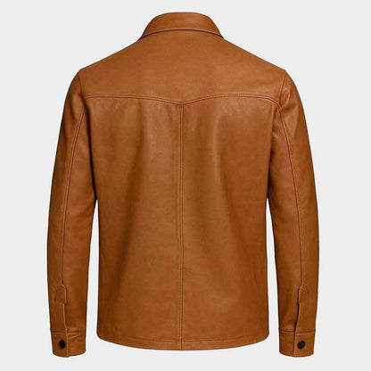 Premium Mens Western Style Leather Shirt Jacket with Chest Pockets