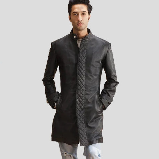 Men’s Quilted Black Leather Trench Coat – Winter Protection
