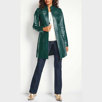 Real Sheepskin Leather Long Coat for Women in Green Color Front View