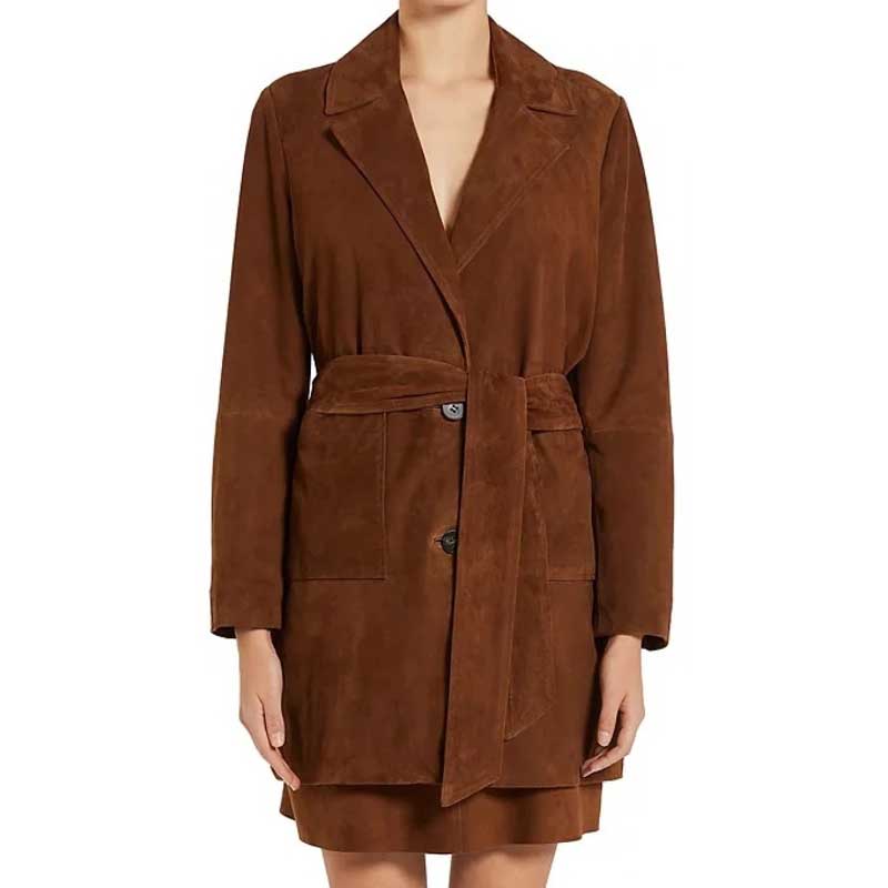 Real Sheepskin Suede Leather Trench Coat for Women in Rust Color