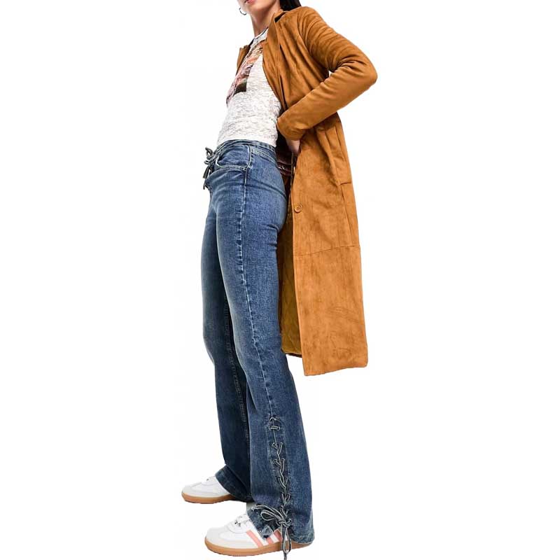 Real Sheepskin Suede Leather Trench Coat for Women in Rust Color