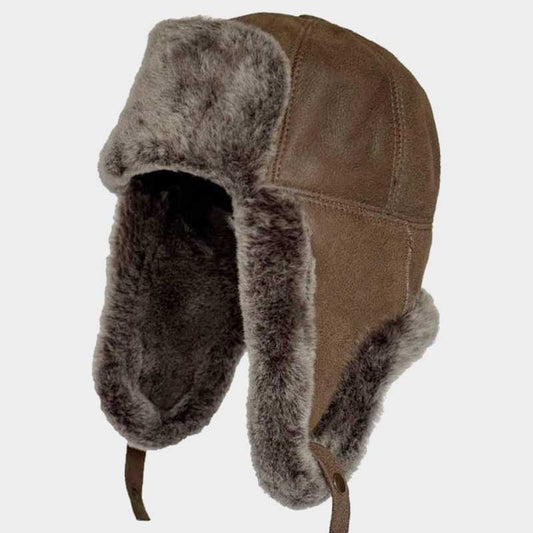 Shearling Sheepskin Leather Trapper Hat Brown Brisa Cold Weather Aviator Cap