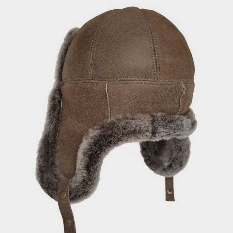 Shearling Sheepskin Leather Trapper Hat Brown Brisa Cold Weather Aviator Cap