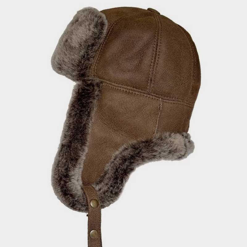 Shearling Sheepskin Leather Trapper Hat Brown Brisa Cold Weather Aviator Cap