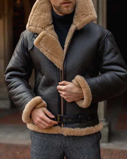 Black men's sheepskin aviator jacket with faux shearling collar