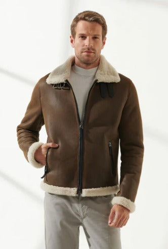 Men's dark brown aviator fur sheepskin leather jacket