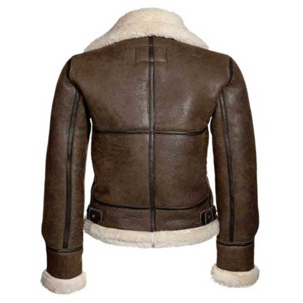 Women's dark brown full-grain sheepskin bomber with white faux shearling collar