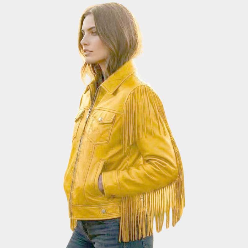 Women Yellow Fringe Leather Jacket Western Moto Style