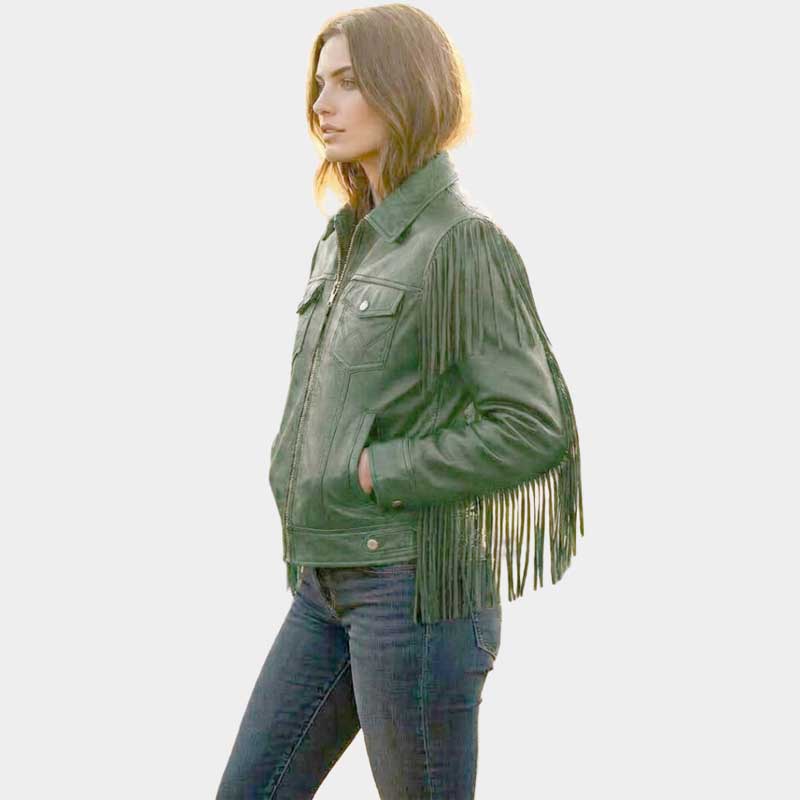 Women’s Green Leather Fringe Jacket Western Moto Style