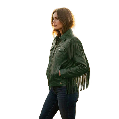 Side angle of green leather fringe jacket with long fringe detail