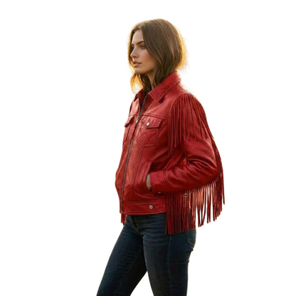 Side angle of red leather fringe jacket showing long western fringe detail